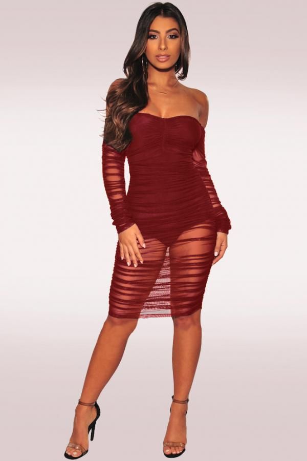 Polyester Sexy Off The Shoulder Long Sleeves One word collar Step Skirt Knee-Length hollow out backl