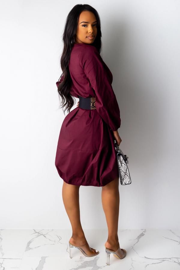 Polyester Casual lantern sleeve Long Sleeves O neck Lantern skirt Knee-Length Solid  Casual Dresses