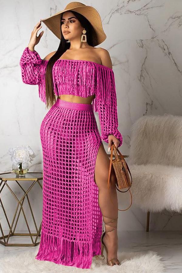 Polyester Sexy Fashion HOLLOWED OUT Two Piece Suits crop top Split Solid tassel asymmetrical Straigh