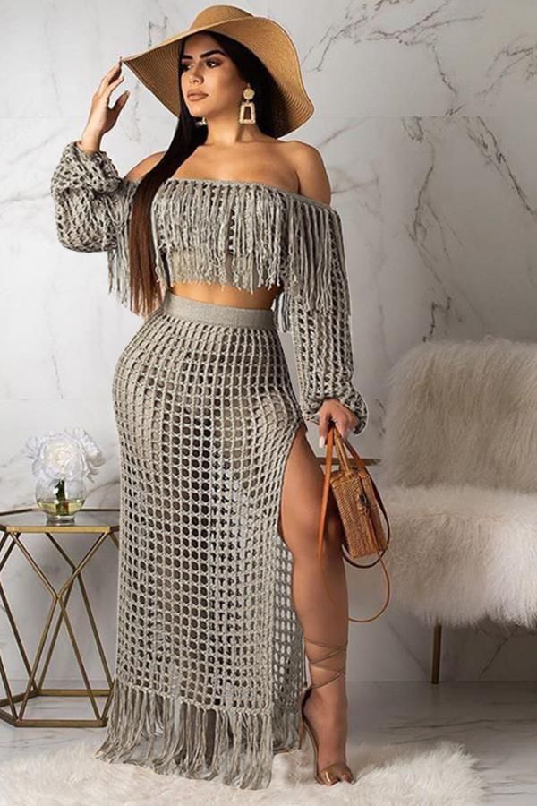 Polyester Sexy Fashion HOLLOWED OUT Two Piece Suits crop top Split Solid tassel asymmetrical Straigh