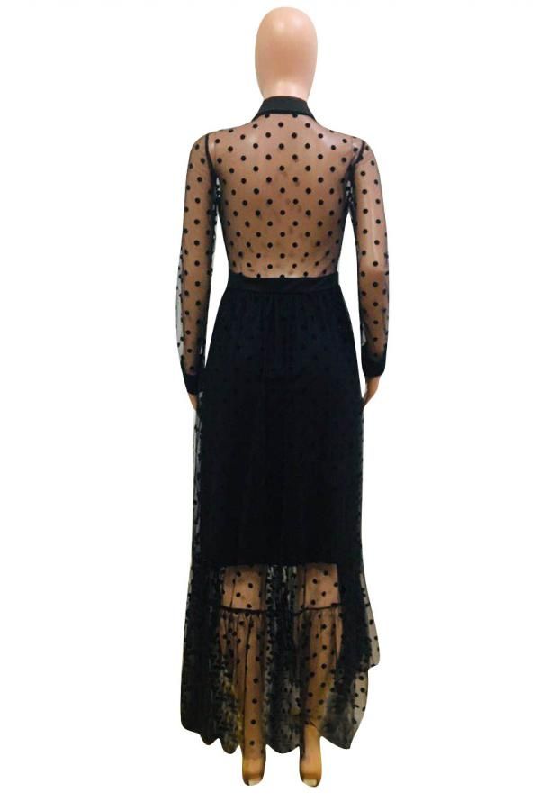 Polyester Fashion Sexy Cap Sleeve Long Sleeves Turndown Collar Pleated Ankle-Length lace Polka Dot p