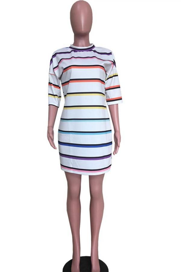 Polyester Casual Fashion adult Cap Sleeve Half Sleeves O neck Step Skirt Mini Striped Beading Patchw