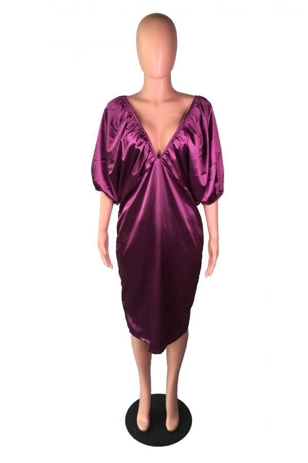 Polyester Sexy lantern sleeve Half Sleeves V Neck Lantern skirt Mid-Calf Solid  Casual Dresses