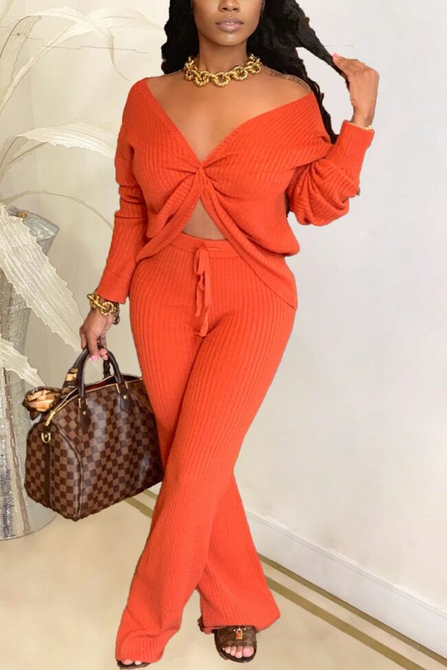 Fashion Casual Polyester Spandex Pit Article Fabrics Solid Pants Knotted V Neck Long Sleeve Regular Sleeve Regular Two Pieces