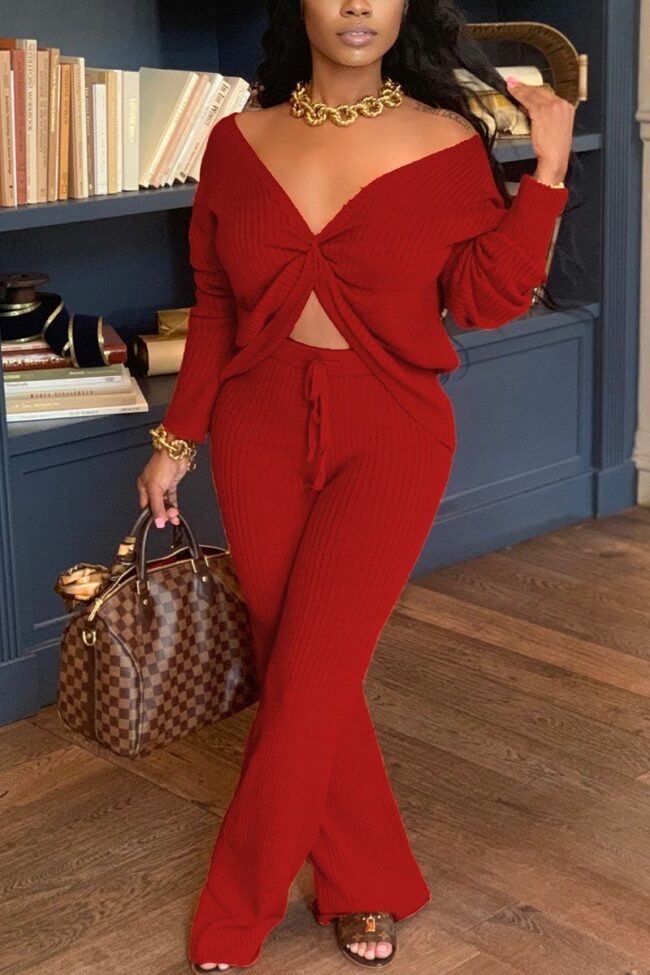 Fashion Casual Polyester Spandex Pit Article Fabrics Solid Pants Knotted V Neck Long Sleeve Regular Sleeve Regular Two Pieces