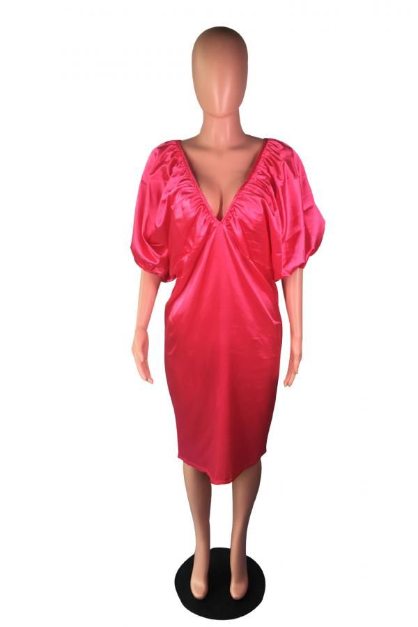 Polyester Sexy lantern sleeve Half Sleeves V Neck Lantern skirt Mid-Calf Solid  Casual Dresses
