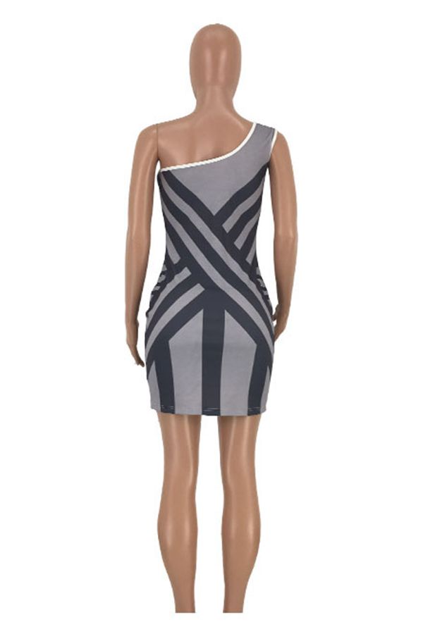 Polyester Sexy Fashion adult One Shoulder Sleeveless one shoulder collar Striped Print  Club Dresses