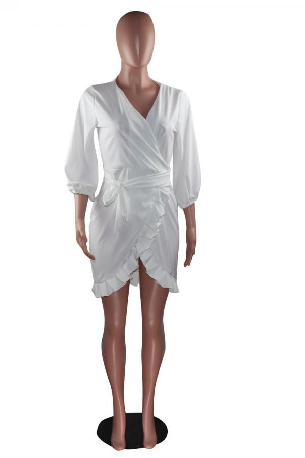 Polyester Fashion adult Sexy lantern sleeve 3/4 Length Sleeves V Neck Asymmetrical Mini bandage ruff