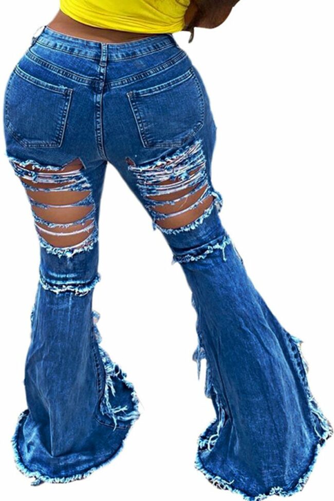 Fashion Casual Adult Solid Ripped Mid Waist Boot Cut Denim