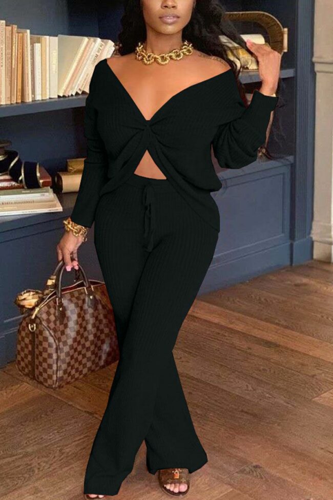 Fashion Sexy Adult Polyester Solid Split Joint V Neck Long Sleeve Off The Shoulder Longer In The Rear Two Pieces