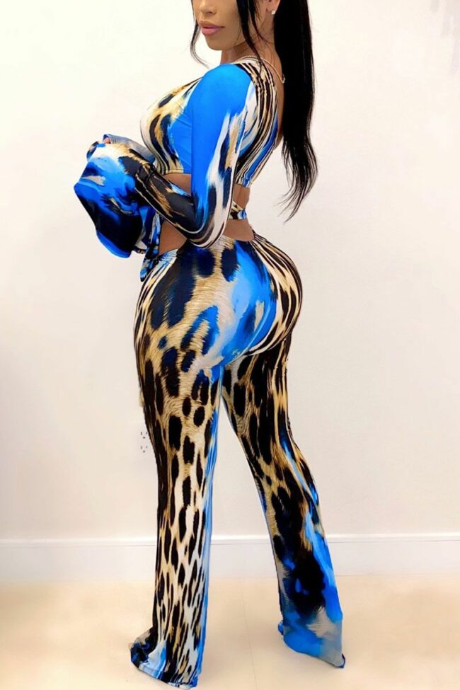 Sexy Leopard Pants One Shoulder Long Sleeve Two Pieces