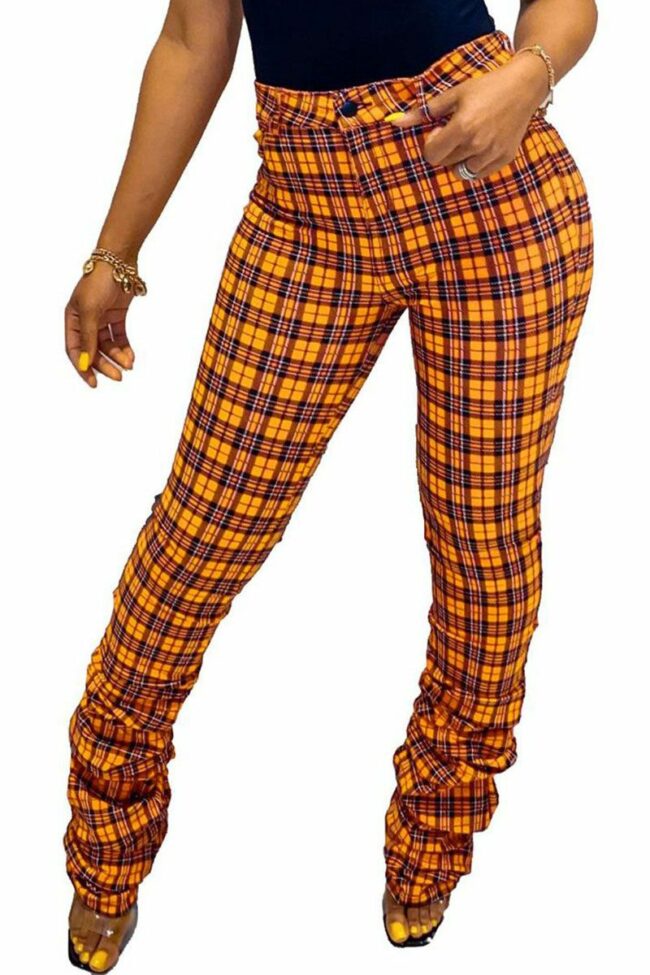 Casual Polyester Plaid Print Boot Cut Bottoms