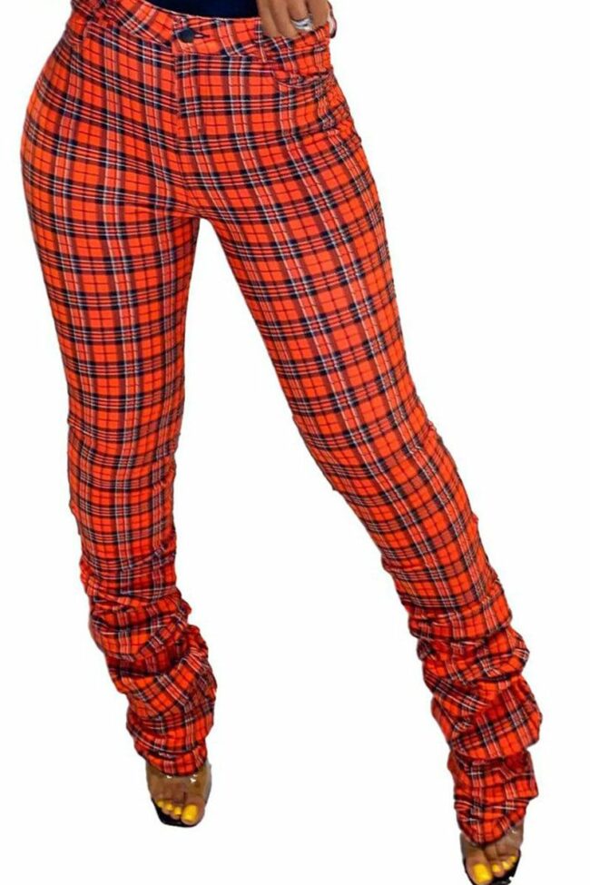 Casual Polyester Plaid Print Boot Cut Bottoms