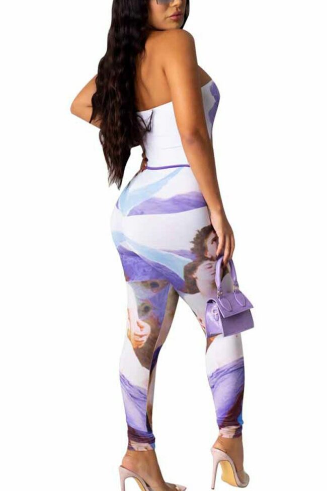 Fashion Sexy Adult Milk Fiber Print Split Joint Strapless Skinny Jumpsuits
