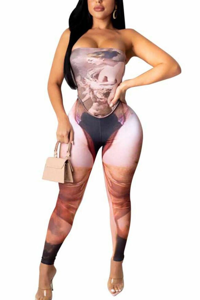 Fashion Sexy Adult Milk Fiber Print Split Joint Strapless Skinny Jumpsuits