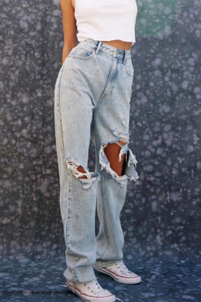 Sexy Solid Ripped Long Sleeve Mid Waist Straight Denim