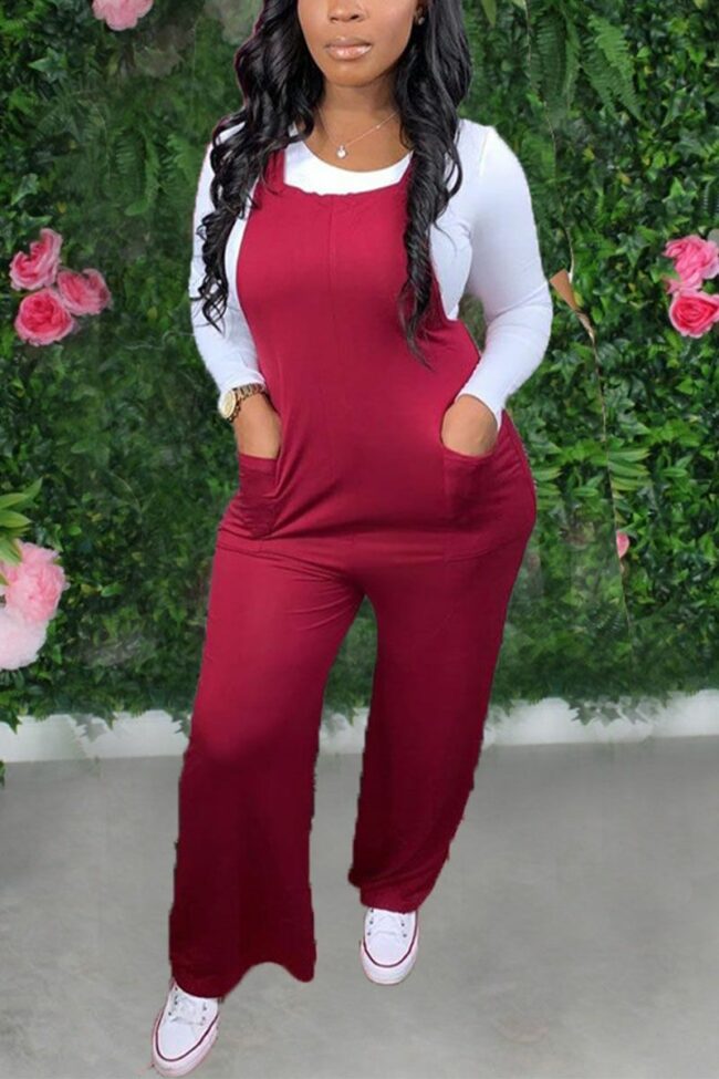Casual Polyester Solid Pocket Jumpsuits