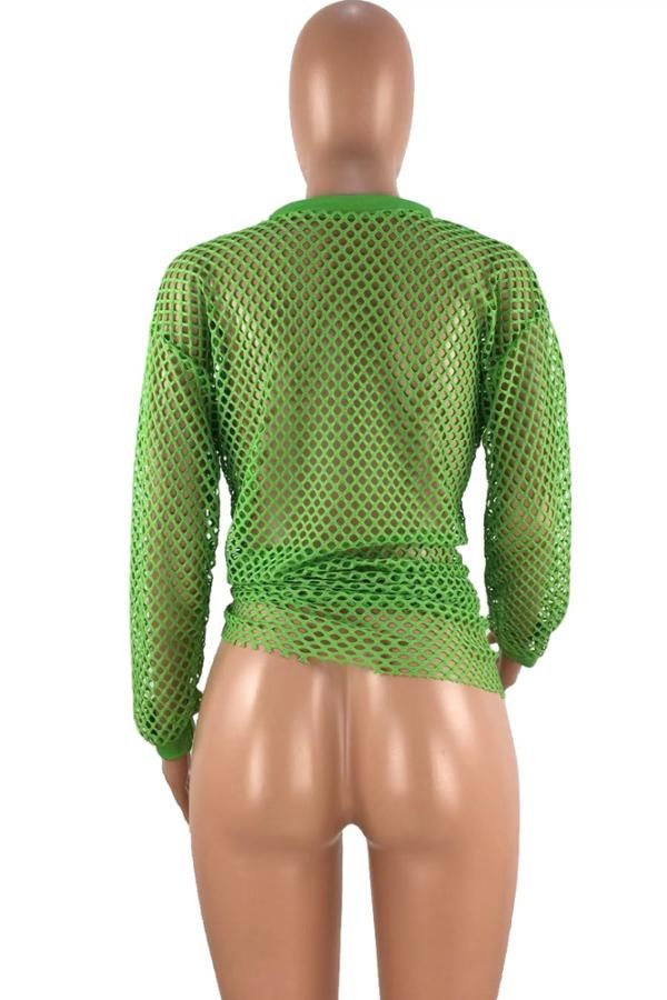 Polyester O Neck Long Sleeve HOLLOWED OUT perspective Mesh  Long Sleeve Tops