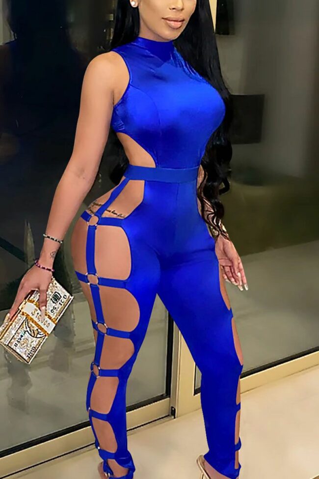 Sexy Polyester Solid Bandage Hollowed Out Skinny Jumpsuits