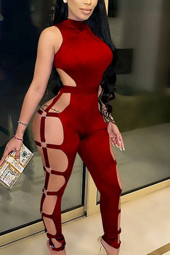 Sexy Polyester Solid Bandage Hollowed Out Skinny Jumpsuits