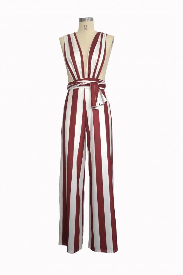 Sexy Fashion zipper Striped Print Patchwork Polyester Sleeveless V Neck  Jumpsuits