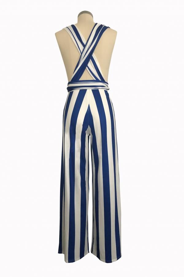 Sexy Fashion zipper Striped Print Patchwork Polyester Sleeveless V Neck  Jumpsuits