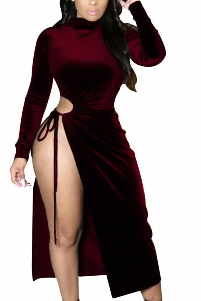 Fashion Casual Adult Polyester Solid Hollowed Out Split Joint O Neck Long Sleeve Mid Calf Long Sleeve Dress Dresses