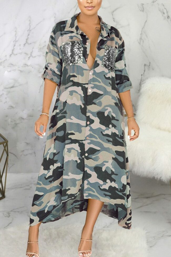 Sexy Polyester Camouflage Print Split Joint Turndown Collar Outerwear