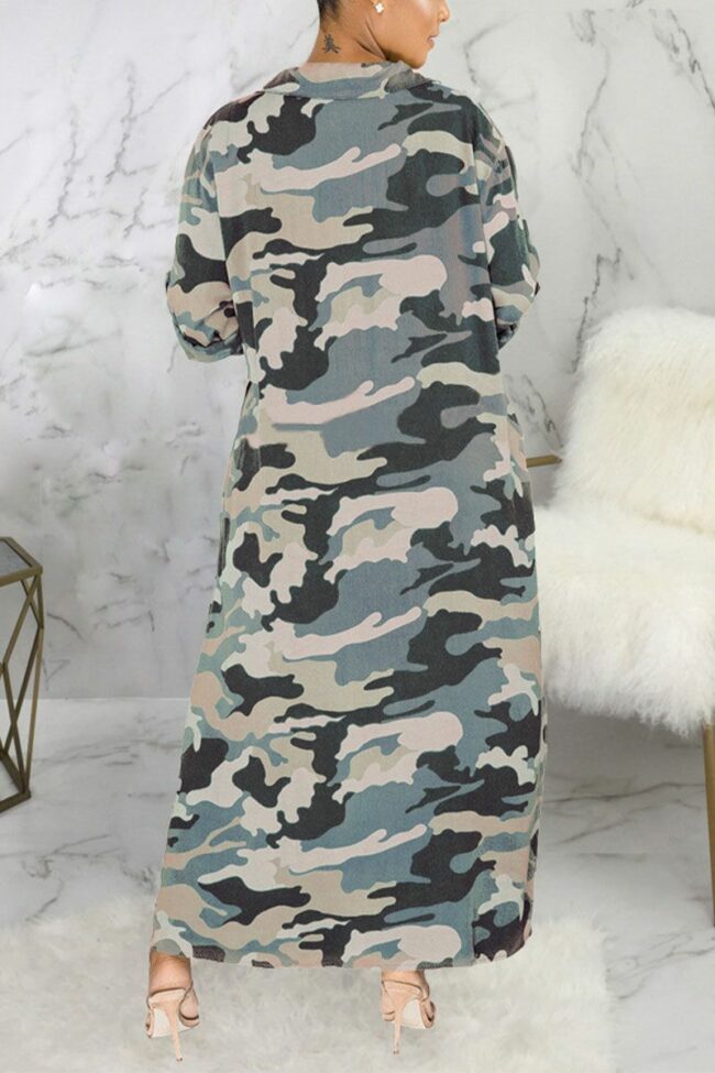 Sexy Polyester Camouflage Print Split Joint Turndown Collar Outerwear