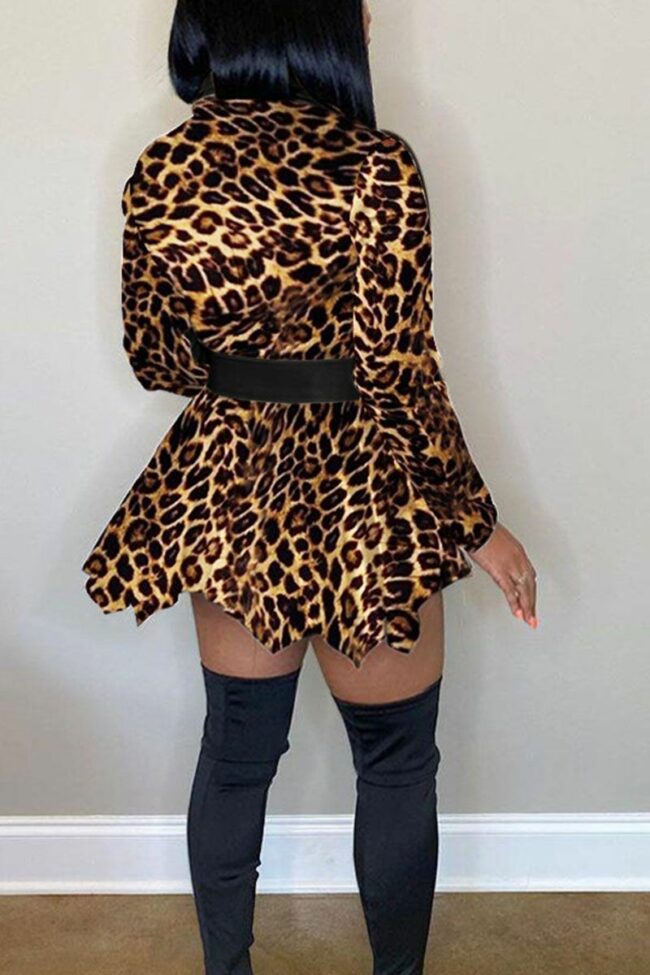 Fashion Leopard Camouflage Print Split Joint POLO collar Asymmetrical Plus Size