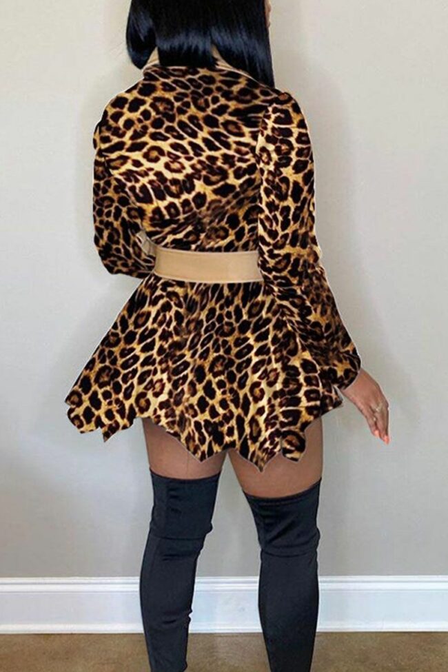 Fashion Leopard Camouflage Print Split Joint POLO collar Asymmetrical Dresses