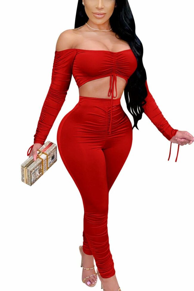 Sexy Polyester Solid Split Joint Draw String Fold Strapless Long Sleeve Short Two Pieces