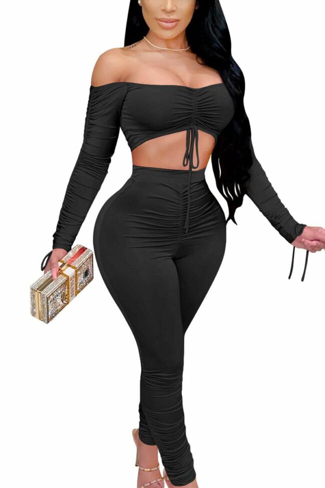 Sexy Polyester Solid Split Joint Draw String Fold Strapless Long Sleeve Short Two Pieces
