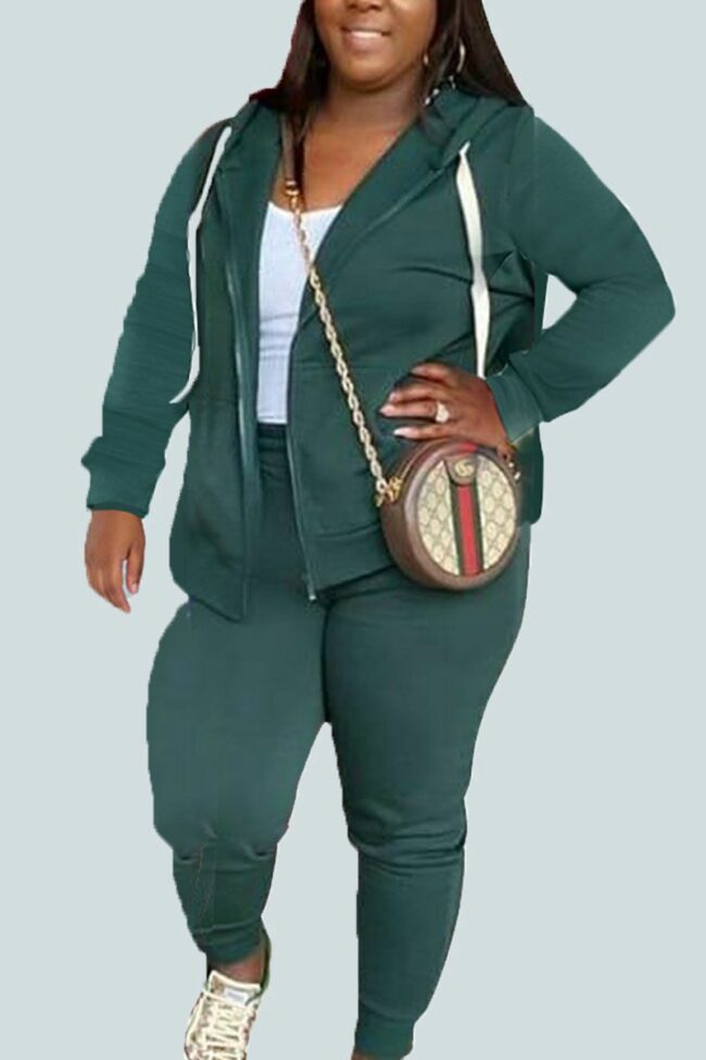 Army Green Sportswear Solid Split Joint Hooded Collar Plus Size Two Pieces