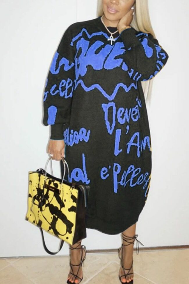 Polyester Spandex Air Layer Fabric Letter Print Letter Basic O Neck Long Sleeve Mid Calf Straight Dresses