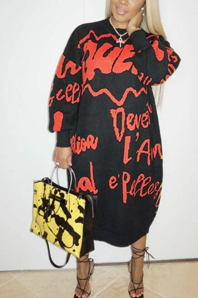 Polyester Spandex Air Layer Fabric Letter Print Letter Basic O Neck Long Sleeve Mid Calf Straight Dresses