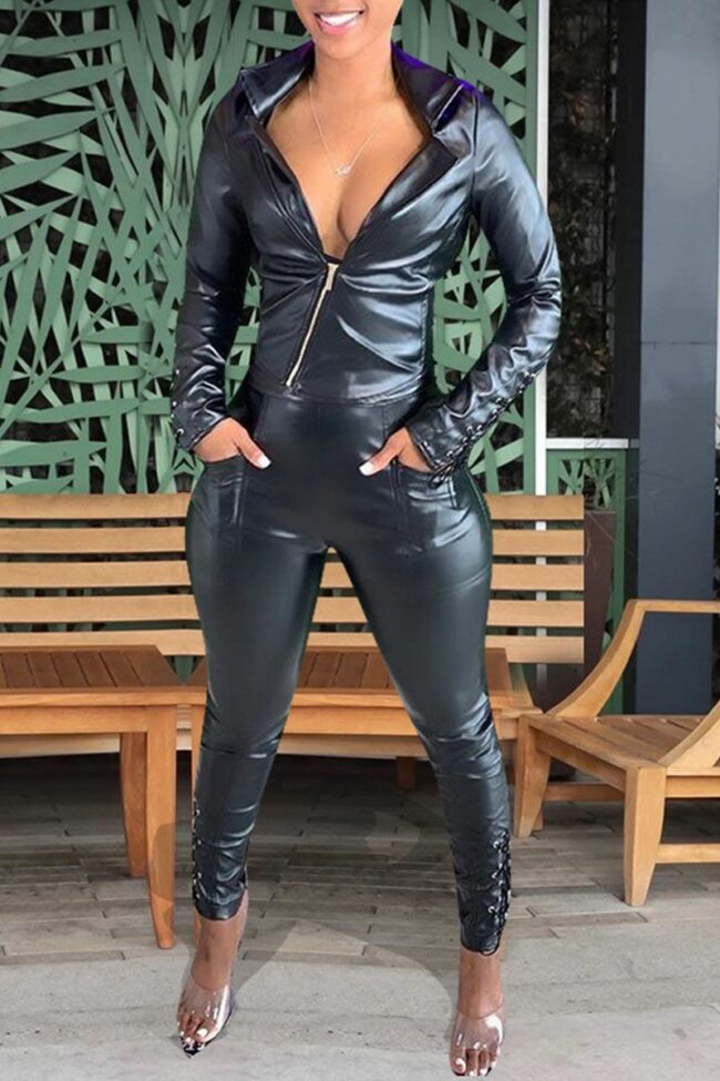 Fashion Casual Adult Faux Leather Solid Bandage Split Joint Turndown Collar Long Sleeve Regular Sleeve Short Two Pieces