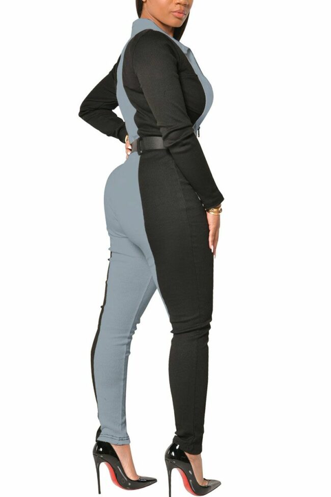 Fashion Sexy Adult Patchwork Solid Split Joint Turndown Collar Skinny Jumpsuits