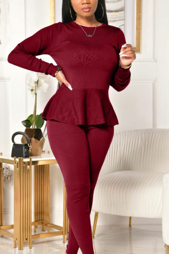 Casual Polyester Solid Bandage Make Old Flounce O Neck Long Sleeve Regular Sleeve Regular Two Pieces