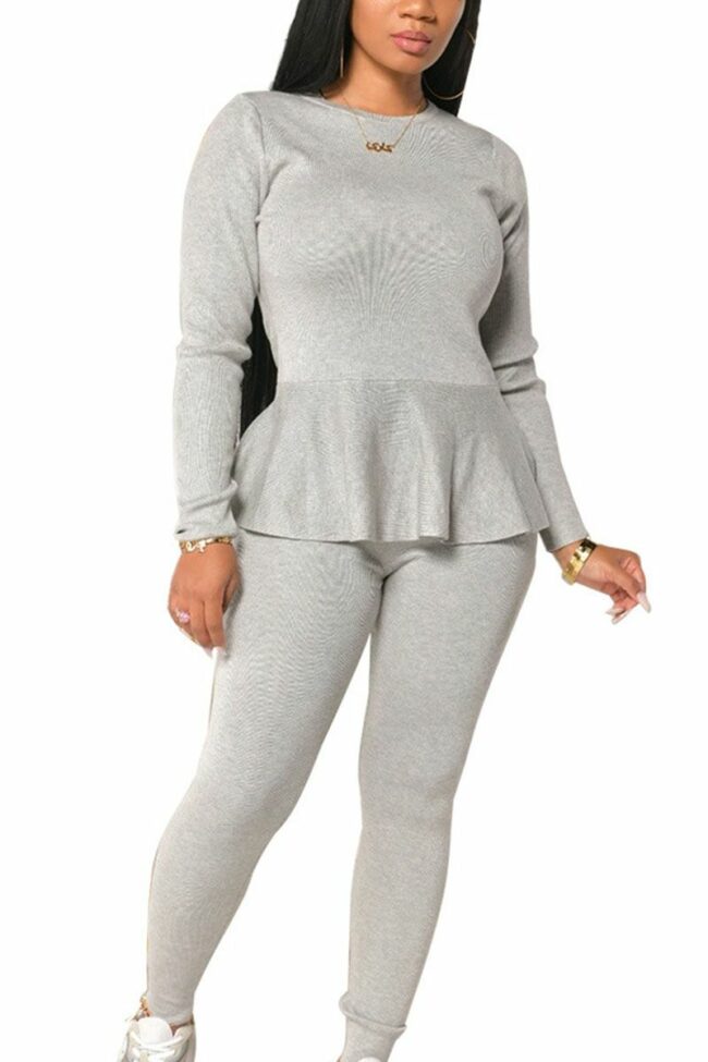 Casual Polyester Solid Bandage Make Old Flounce O Neck Long Sleeve Regular Sleeve Regular Two Pieces