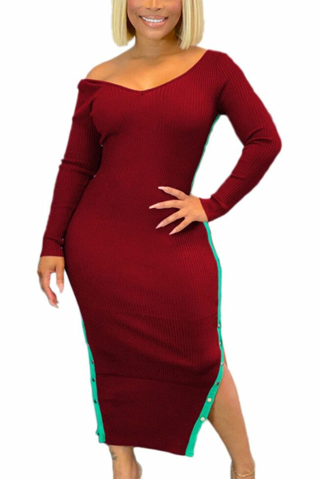 Sexy Pit Article Fabrics Solid Split Joint V Neck Long Sleeve Ankle Length Pencil Skirt Dresses