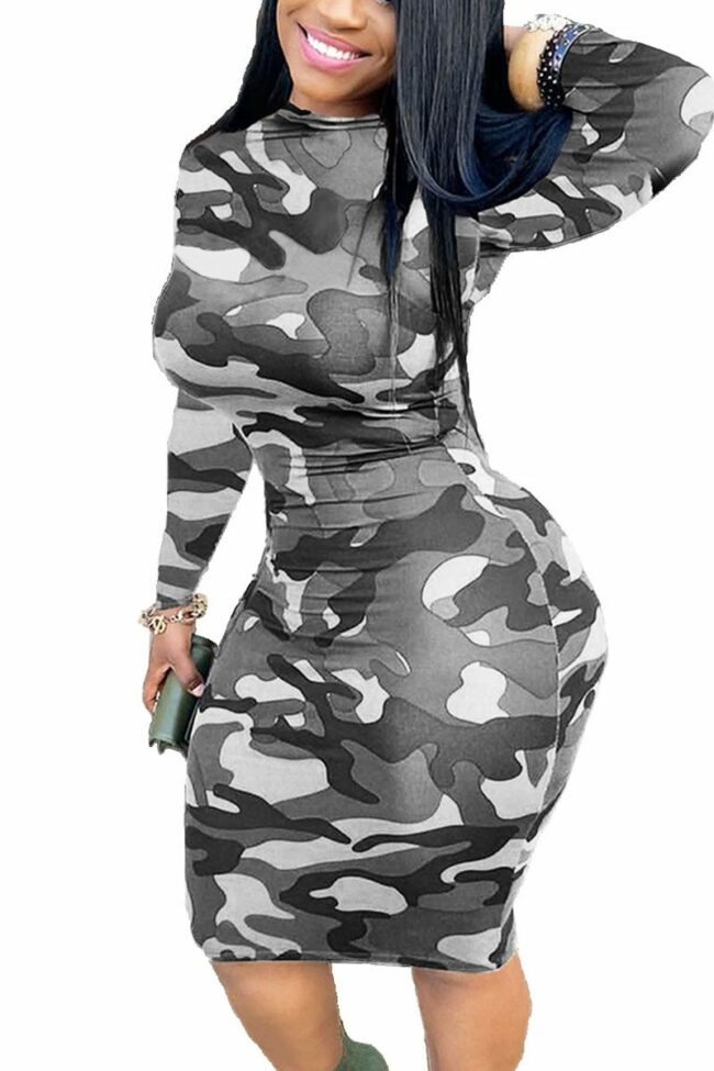 Polyester Sexy Europe and America OL Long Sleeves O neck Step Skirt Mini Print camouflage Dresses