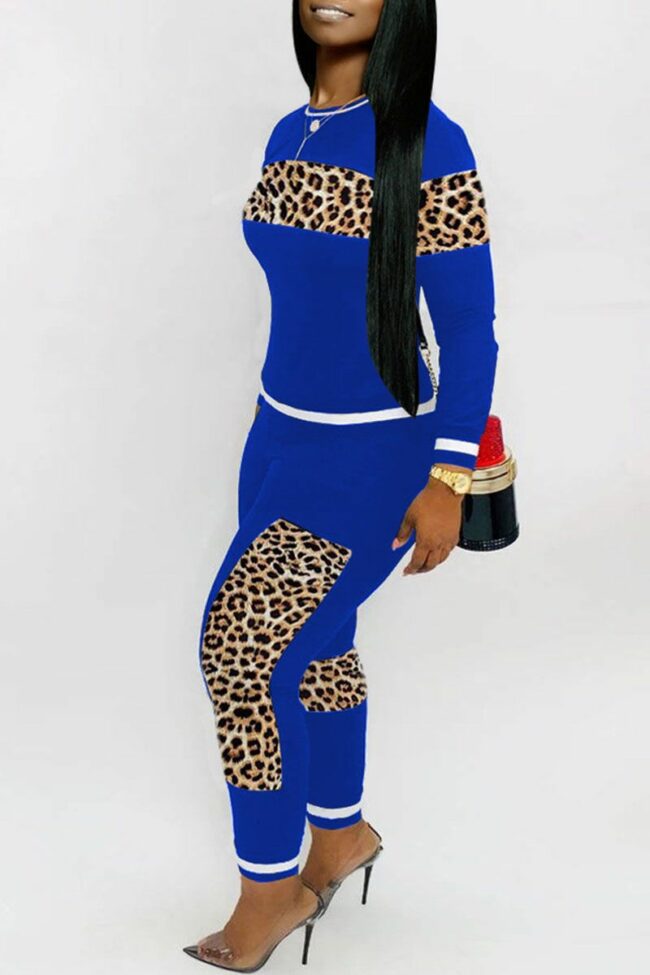 Casual Print Two Piece Suits Patchwork Leopard pencil Long Sleeve