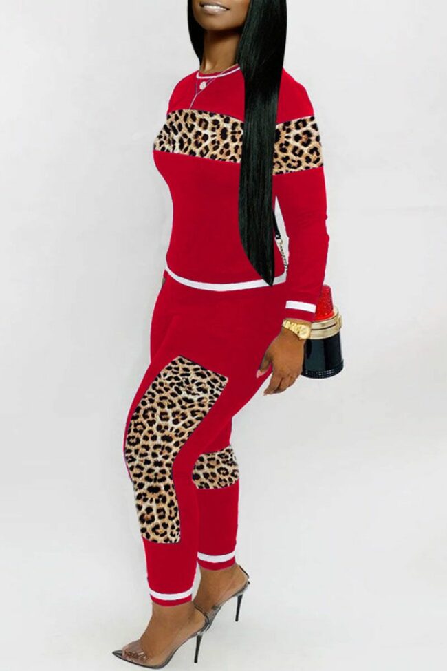 Casual Print Two Piece Suits Patchwork Leopard pencil Long Sleeve