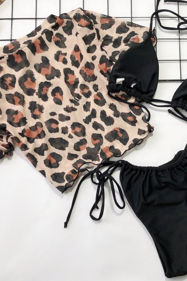 Nylon Patchwork bandage Print Leopard A three-piece crop top Fashion Sexy adult Bikinis Set