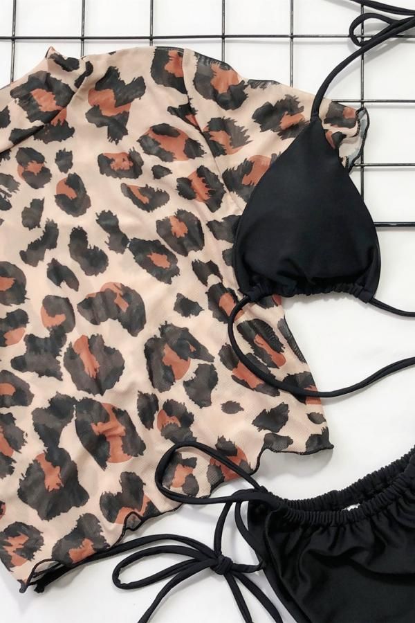 Nylon Patchwork bandage Print Leopard A three-piece crop top Fashion Sexy adult Bikinis Set