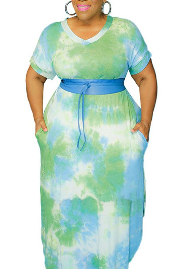 Polyester Sexy Europe and America O Neck Print Tie Dye Plus Size