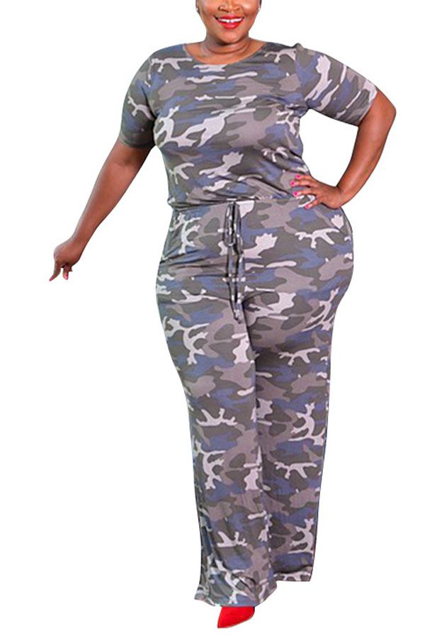 Sexy Camouflage Polyester Short Sleeve O Neck Jumpsuits