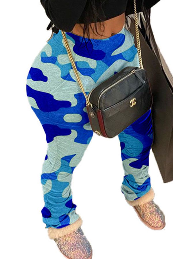 Blue Green Polyester Elastic Fly Mid camouflage pencil Pants Bottoms