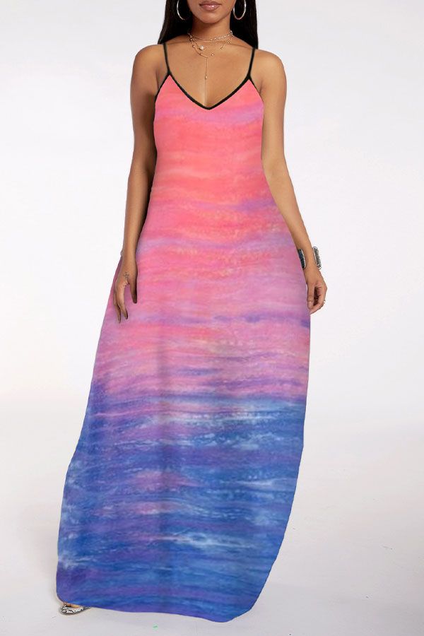 Polyester Casual Spaghetti Strap Sleeveless V Neck Swagger Floor-Length Tie and dye Dresses